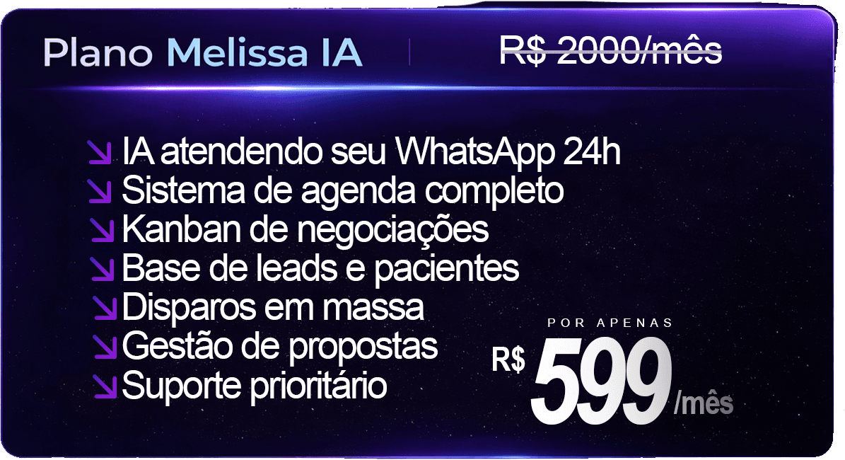 Plano Melissa IA - R$ 297/mês riscado - IA atendendo seu WhatsApp 24h, Sistema de agenda completo, Kanban de negociações, Base de leads e pacientes, Disparos em massa, Gestão de propostas, Suporte prioritário - Por apenas R$ 99,90/mês